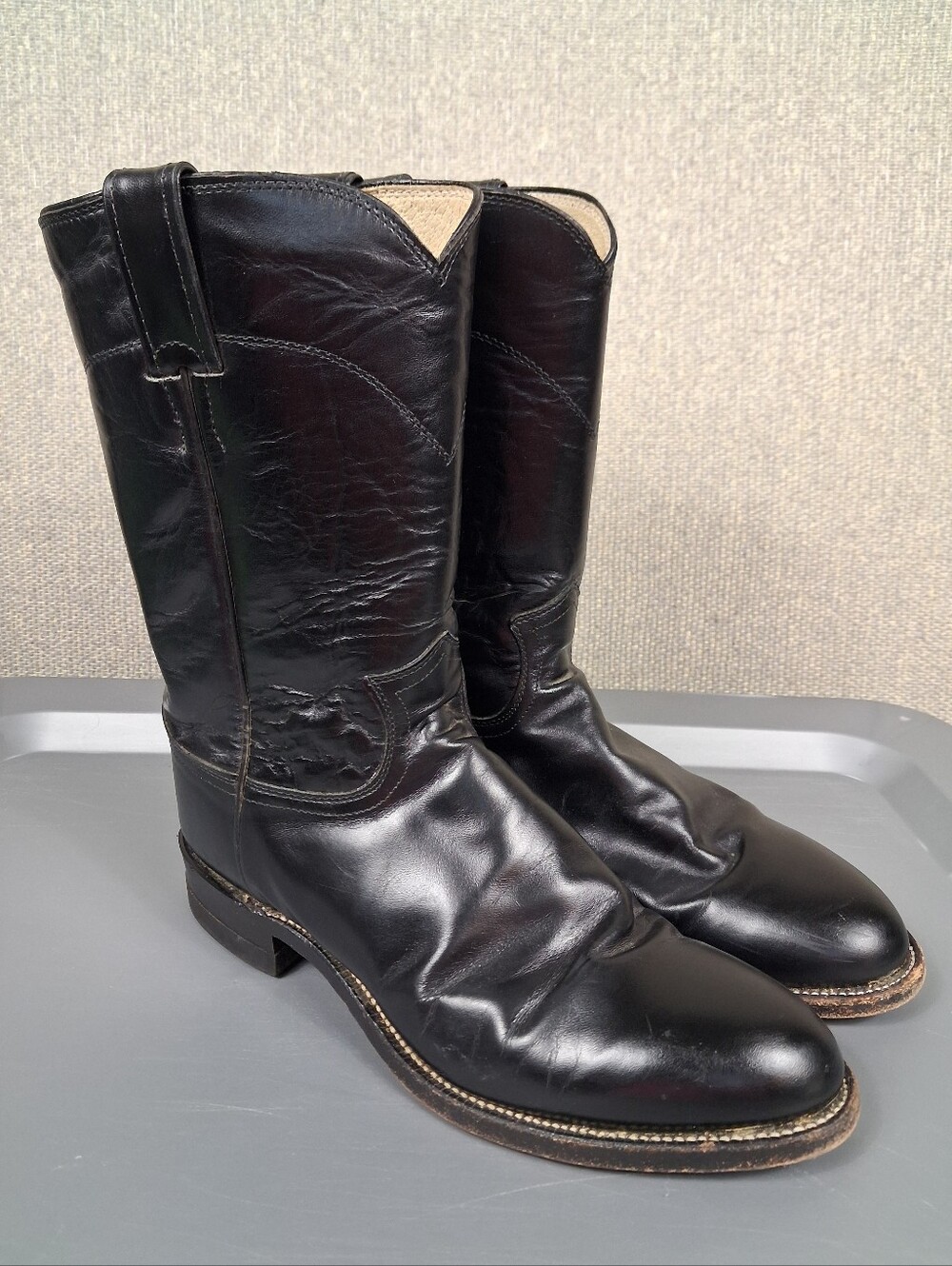 Vintage Justin Roper Cowboy Boots Mens Size 7.5D Black Leather Western Riding